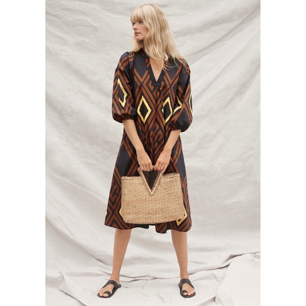 Porridge Clothing Geometric Diamond Print V-Neck Midi Dress Navy Orange Medium